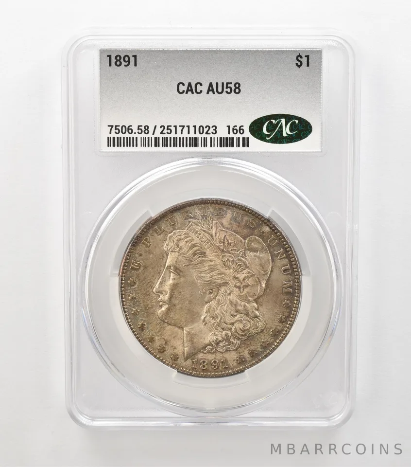 1891 Morgan Silver Dollar AU58 CAC CACg Beautiful Tone *6898