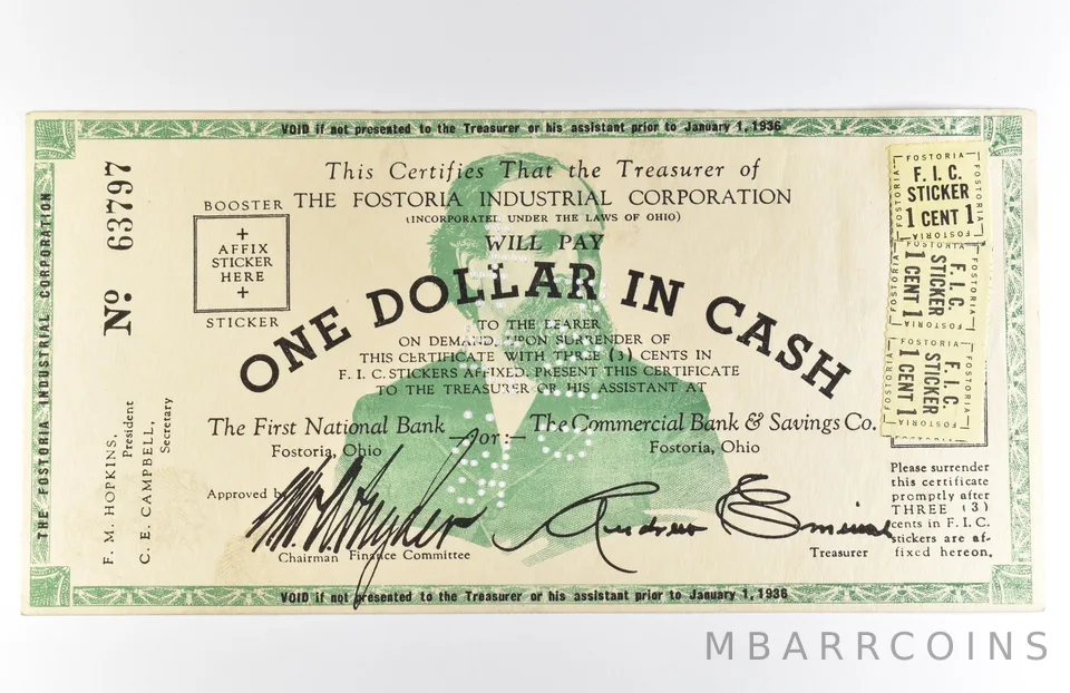 1936 $1 Fostoria OH Industrial Corporation Obsolete Note *8567
