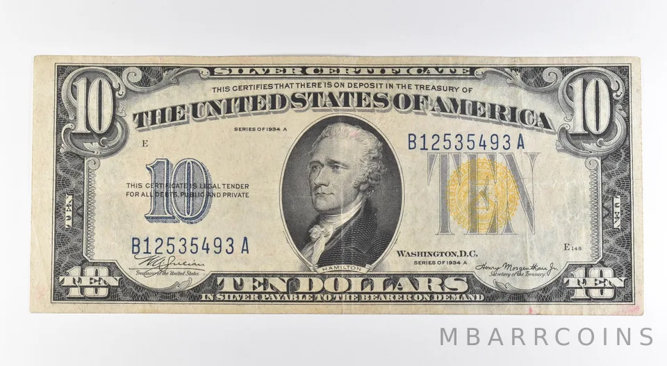 1934 A $10 Silver Certificate Yellow Seal North Africa Fr#2309 *0437
