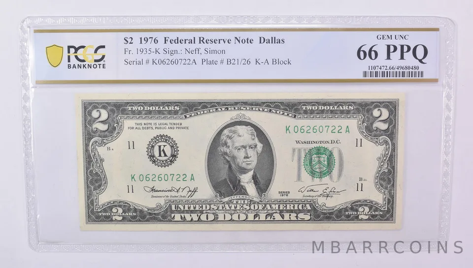 $2 1976 Dallas TX FRN Fr#1935-K Gem Unc 66 PPQ PCGS