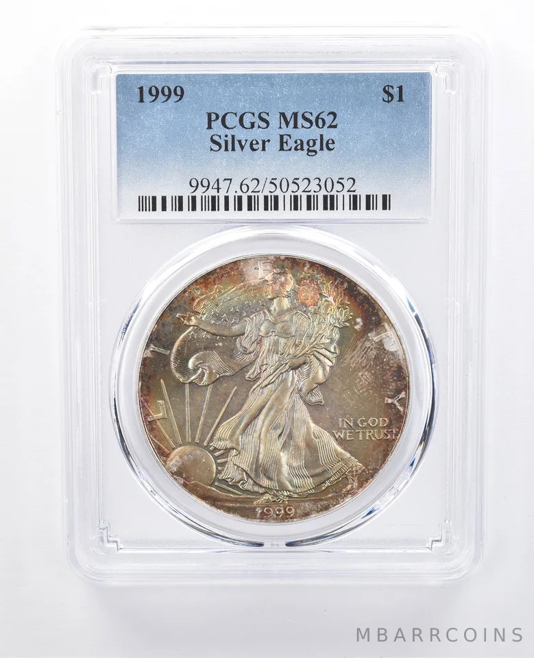 1999 American Silver Eagle MS62 PCGS Rainbow Tone *8172