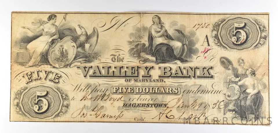 1856 $5 Hagerstown MD Valley Bank Obsolete Note *8519