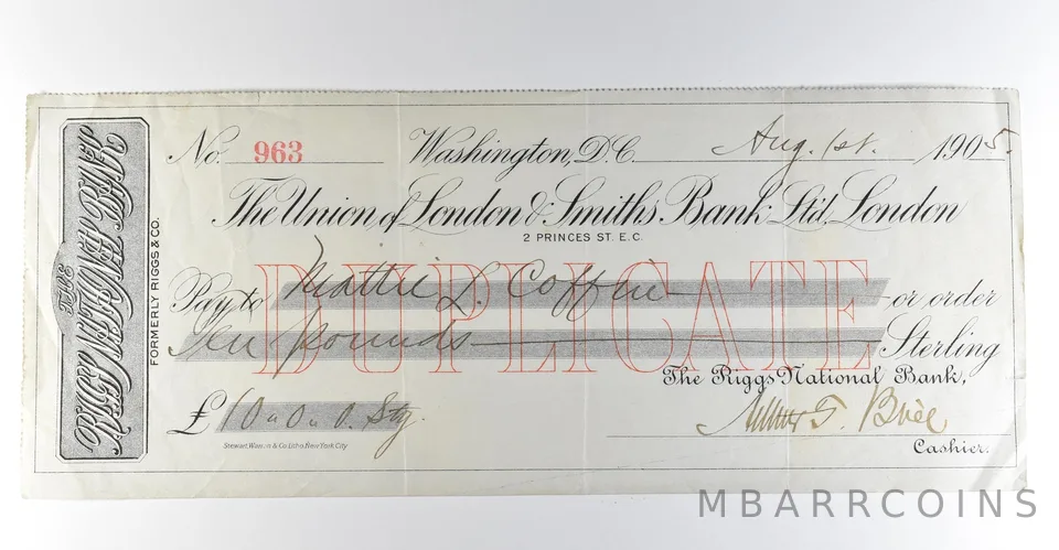 1905 Washington DC Riggs National Bank Check $10 *8367