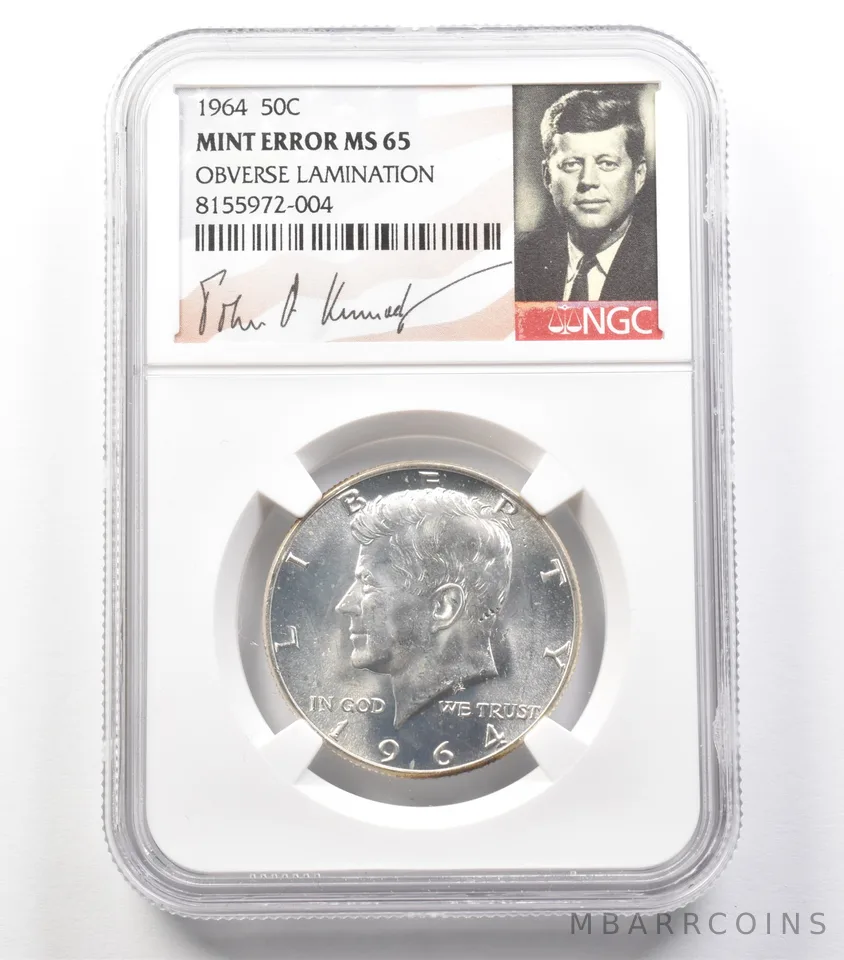 1964 Kennedy Half Dollar Mint Error MS65 Obverse Lamination NGC a3683