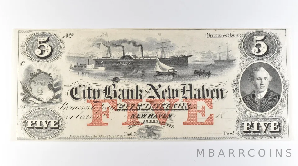 1800s $5 New Haven CT City Bank Obsolete Currency *9697