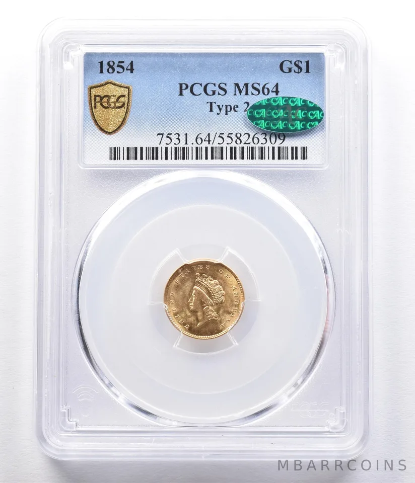 1854 $1 Indian Princess Head Gold Dollar Piece Type 2 MS64 PCGS CAC *2335