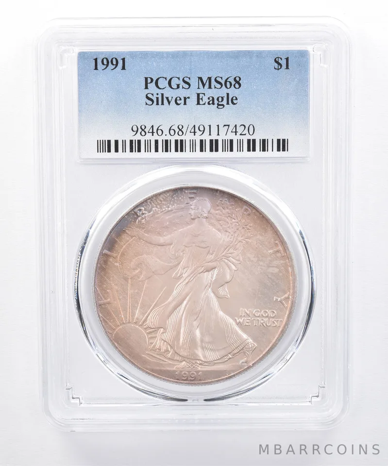 1991 American Silver Eagle MS68 PCGS Purple/Orange Tone *8456