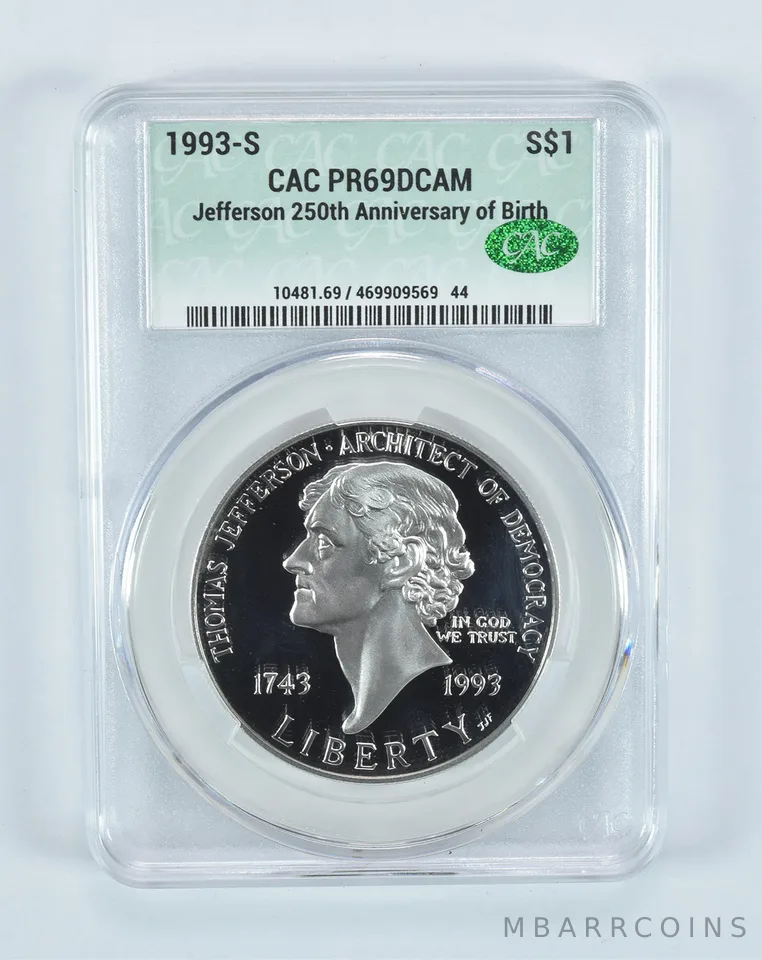 1993-S Thomas Jefferson Commemorative Silver Dollar PR69 DCAM CAC CACg