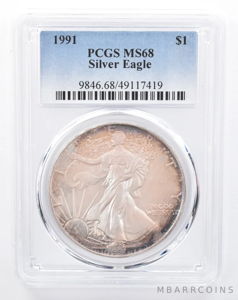 1991 American Silver Eagle MS68 PCGS Iridescent Tone *8619