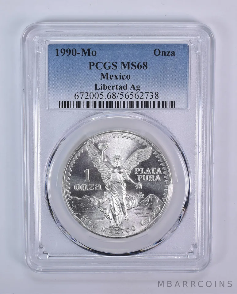 1990 Mo Mexico 1 Onza Silver Libertad MS68 PCGS Blue Label