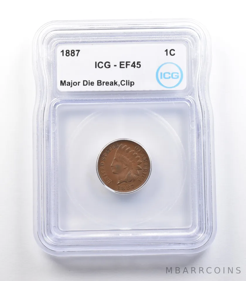 1887 Indian Head Cent Mint Error Major Die Break Clip EF45 ICG *2281