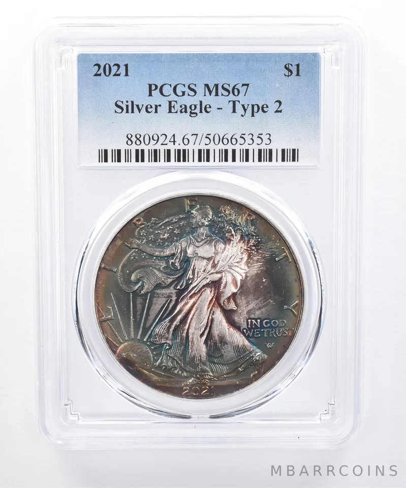 2021 American Silver Eagle Type 2 MS67 PCGS Rainbow Tone *8432