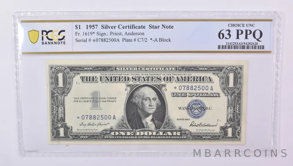 1957 $1 Silver Certificate Star Note Fr#1619* Choice Unc 63 PPQ PCGS