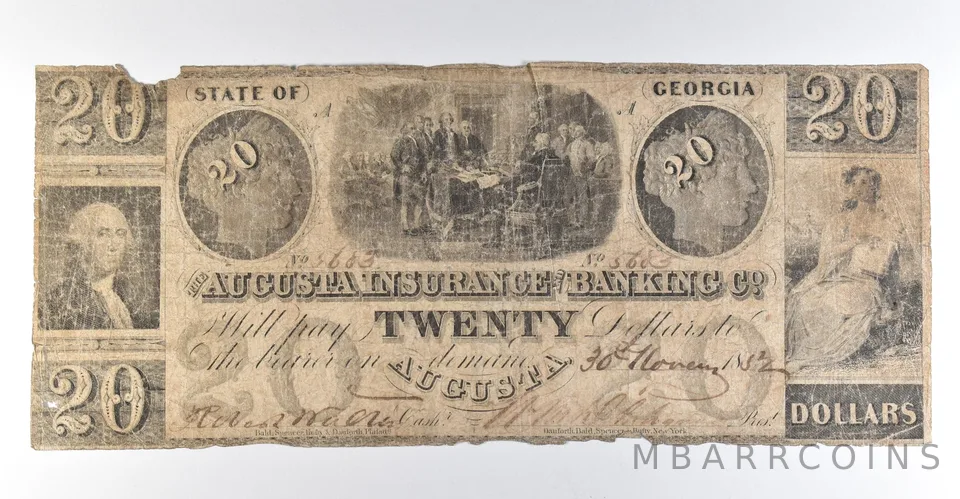 1852 $20 Augusta GA Augusta Insurance & Banking Co Obsolete Note *8327