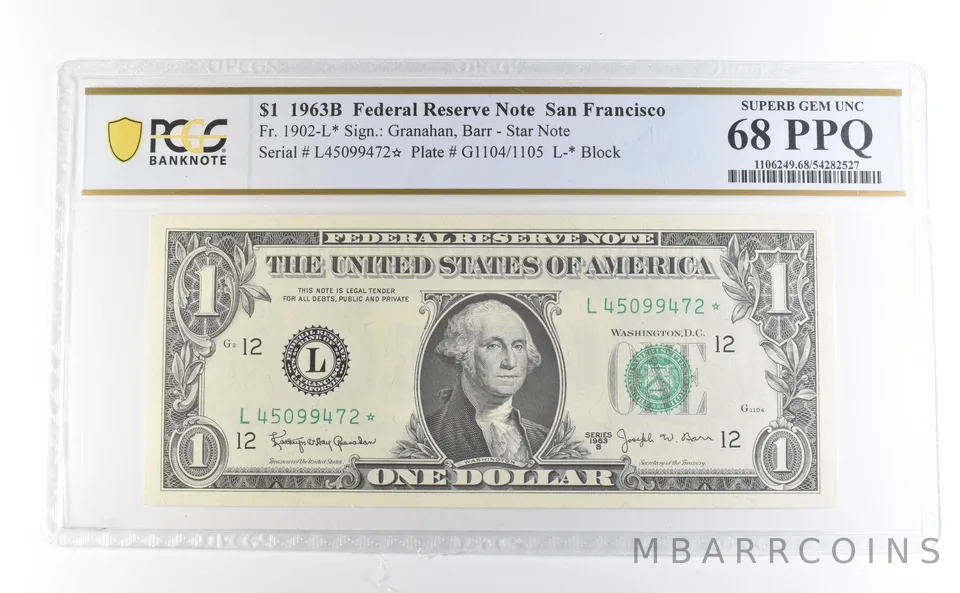 1963 B $1 San Francisco CA FRN Star Note Fr#1902-L* Superb Unc 68 PPQ PCGS *3979