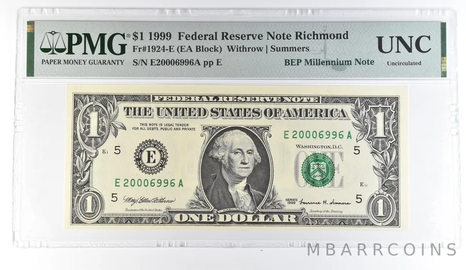 1999 $1 Richmond VA FRN Fr#1924-E BEP Millennium Note PMG Fancy Serial *8109