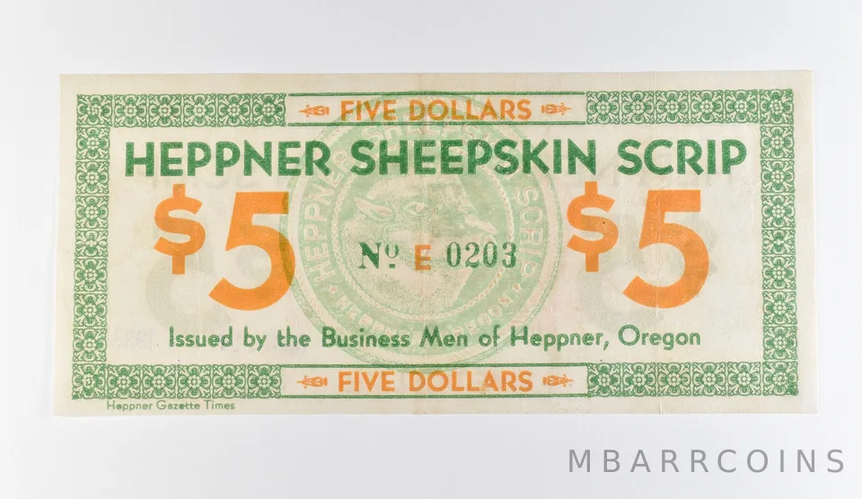 1934 $5 Heppner OR Sheepskin Scrip *9757