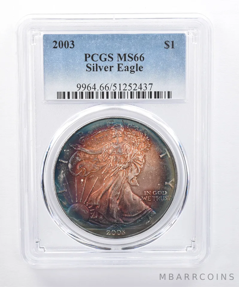 2003 American Silver Eagle MS66 PCGS Rainbow Tone *8494
