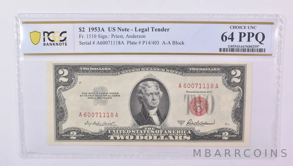 1953 A $2 US Legal Tender Fr#1510 Choice Unc 64 PPQ PCGS