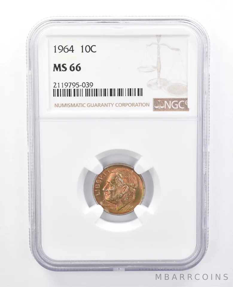 1964 Roosevelt Dime MS66 NGC Orange Tone *7980