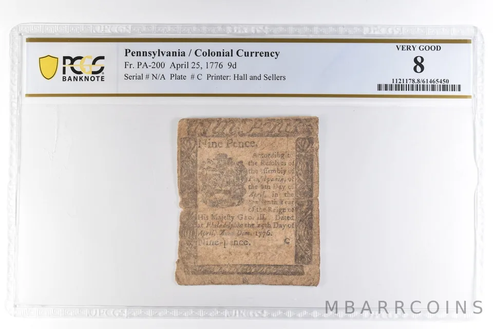 1776 9 Pence Pennsylvania Colonial Currency Fr#PA-200 Very Good 8 PCGS *4629