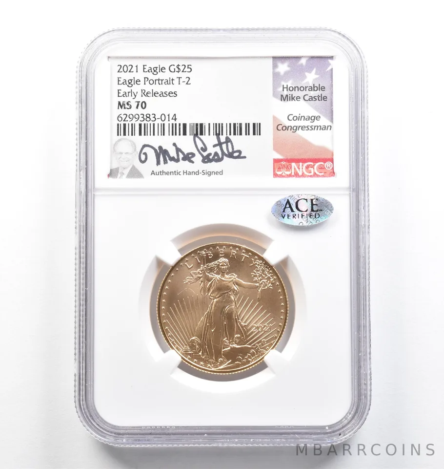 2021 $25 American Gold Eagle Type 2 Mike Castle ER 1/2 Oz MS70 NGC Ace *9808