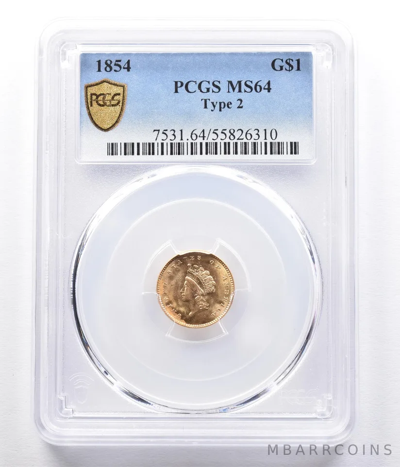 1854 $1 Indian Princess Head Gold Dollar Piece Type 2 MS64 PCGS *2333