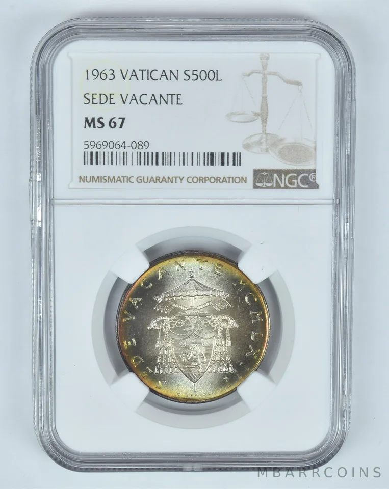 MS67 1963 Vatican 500 Lire Silver - Sede Vacante - Graded NGC Toned! *8946