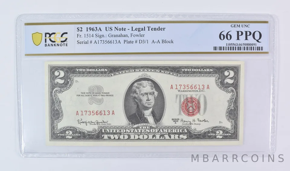 $2 1963 A US Legal Tender Fr#1514 Gem Unc 66 PPQ PCGS