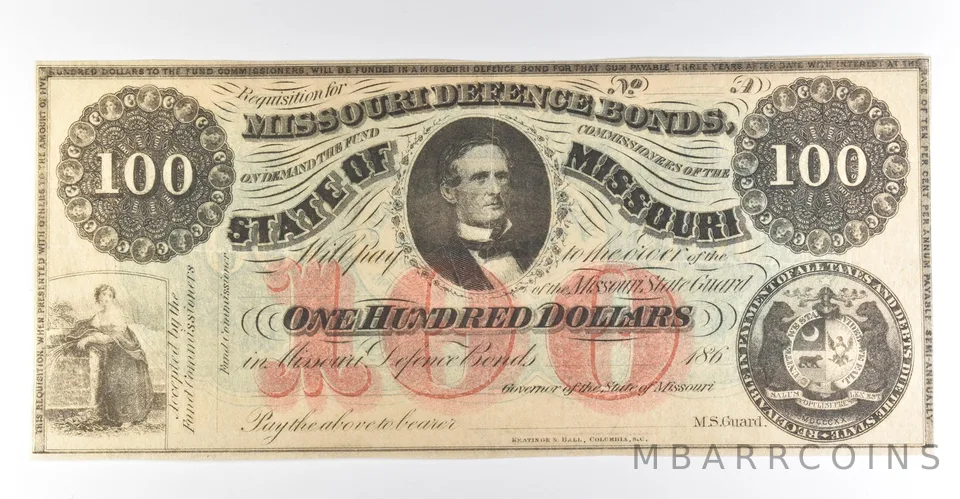 1860s $100 Missouri Defense Bonds Obsolete Note *8408