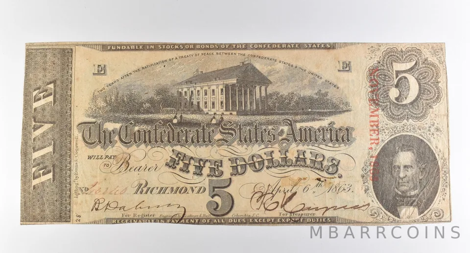 1863 $5 Richmond VA Confederate States Of America Obsolete Note *3879