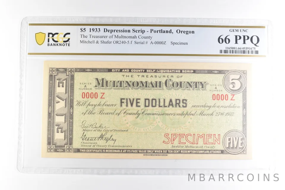 1933 $5 Scrip Portland OR Treasurer Multnomah County Gem Unc 66 PPQ PCGS *2094