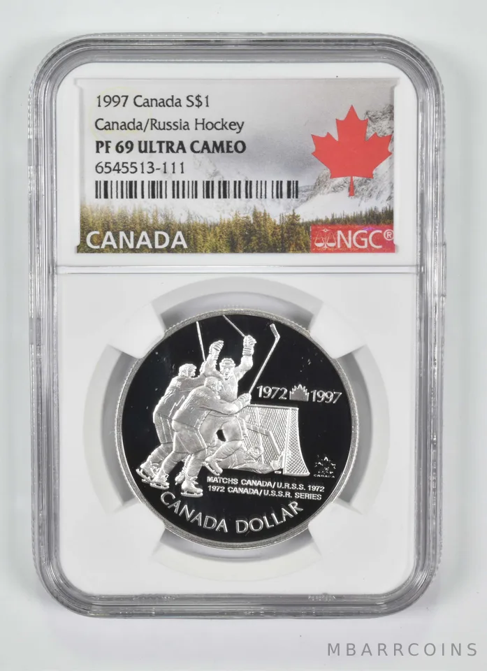 1997 Canada $1 Silver Dollar Canada/Russia Hockey PF69 NGC Canada Lbl
