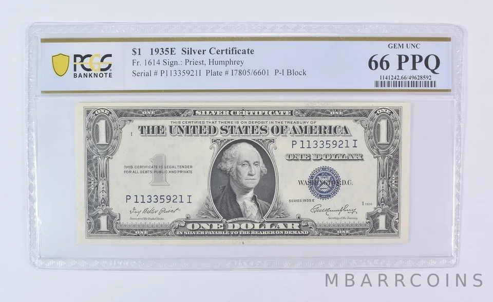 1935 E $1 Silver Certificate Fr#1614 Gem Unc 66 PPQ PCGS