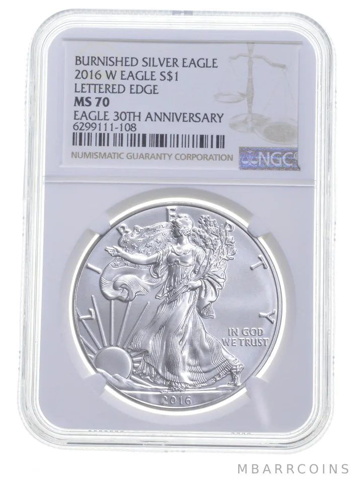 2016-W BURNISHED SILVER EAGLE MS70 NGC CLASSIC BROWN LABEL 30th Anniv.