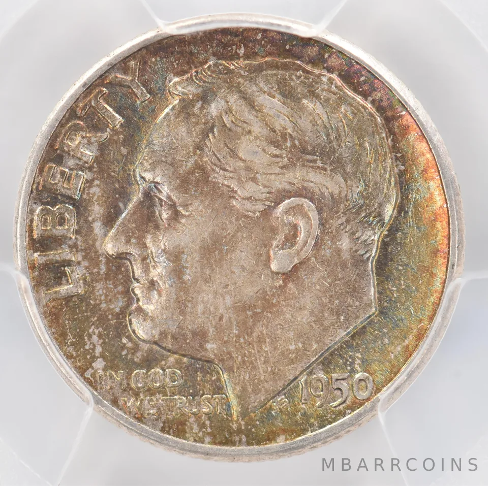 1950 Roosevelt Dime AU53 PCGS Beautiful Tone *0875