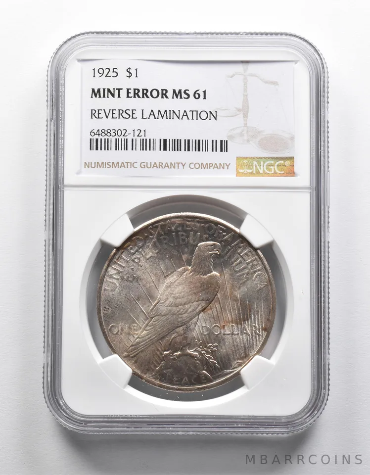 Mint Error MS61 1925 Peace Silver Dollar REV Lamination NGC *1920