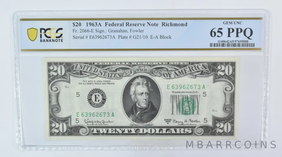 1963 A $20 Richmond VA FRN Fr#2066-E Gem Unc 65 PPQ PCGS a5997