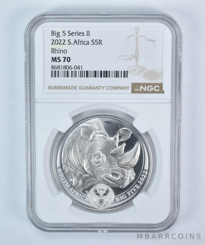 2022 South Africa 5 Rand Silver Big 5 Series II Rhino 1 Oz MS70 NGC