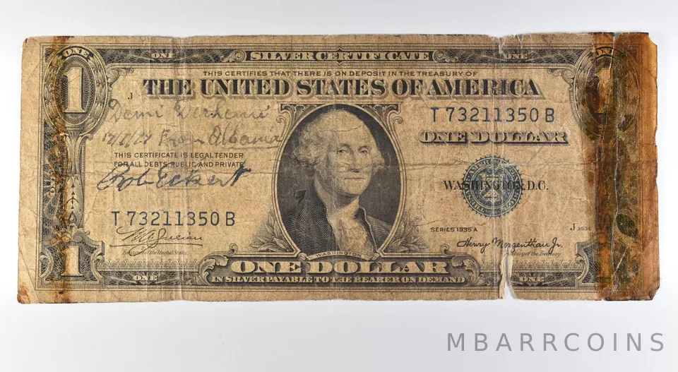 1935 A $1 Silver Certificate Blue Seal Short Snorter a9637