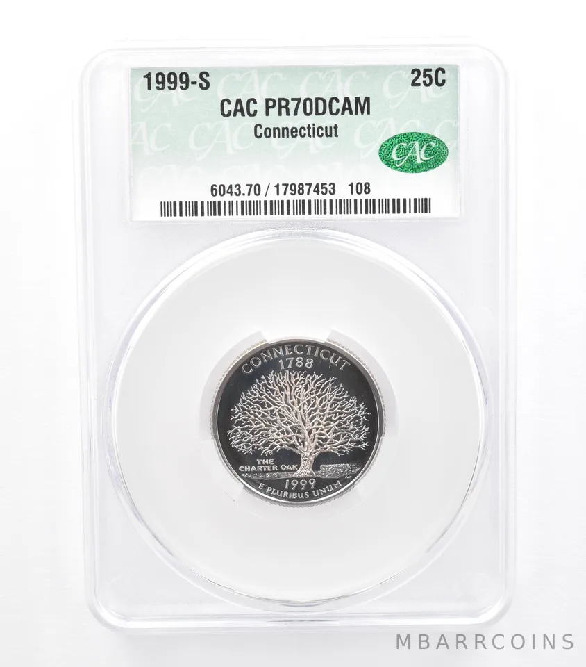 1999-S Washington State Quarter Connecticut PR70 DCAM CAC CACg Nice Tone a0983