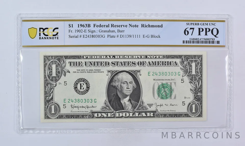 1963 B $1 Richmond VA FRN Fr#1902-E Gem Unc 67 PPQ PCGS Barr