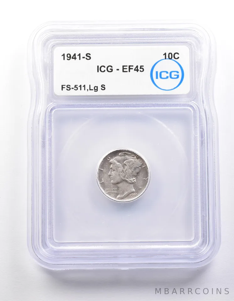 1941-S Mercury Dime FS-511 Large S EF45 ICG *9863