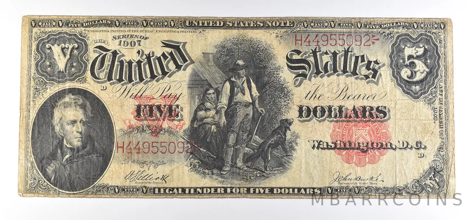 1907 $5 Woodchopper Legal Tender Large Note Red Seal Mule FR#89 a0775