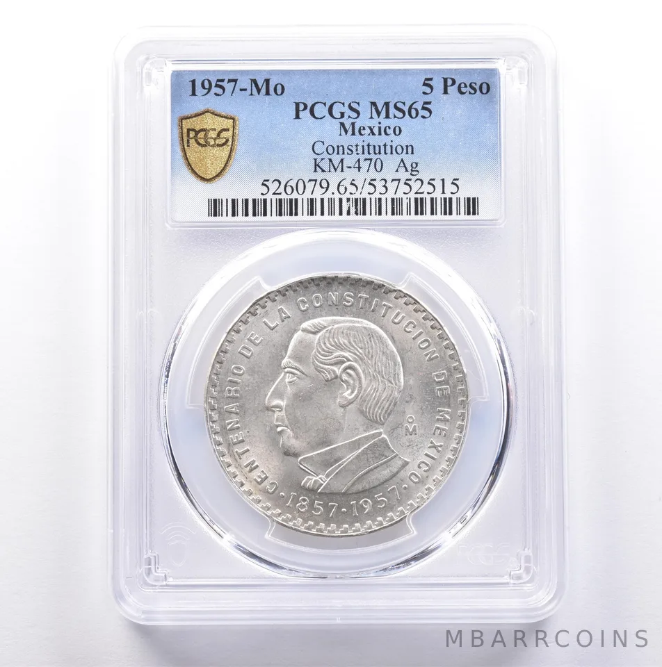 1957 Mo Mexico 5 Pesos Silver Constitution KM-470 MS65 PCGS *9052