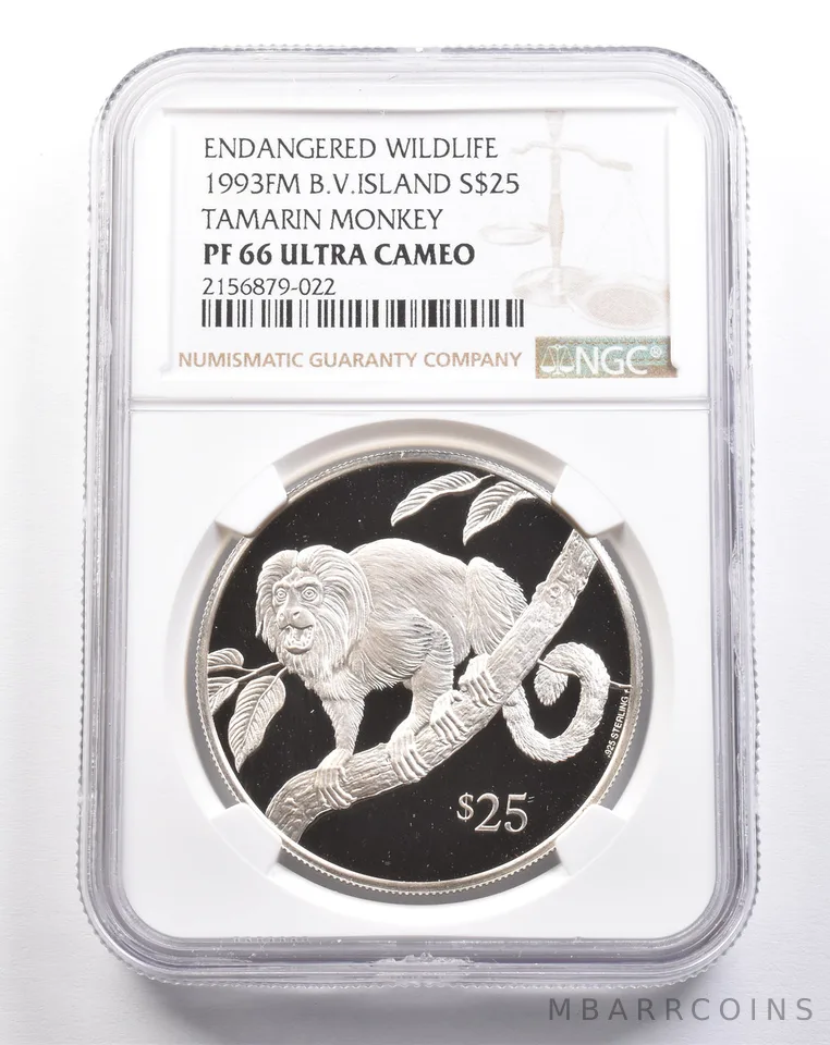 1993 FM British Virgin Islands $25 Silver Tamarin Monkey PF66 UCAM NGC *4917