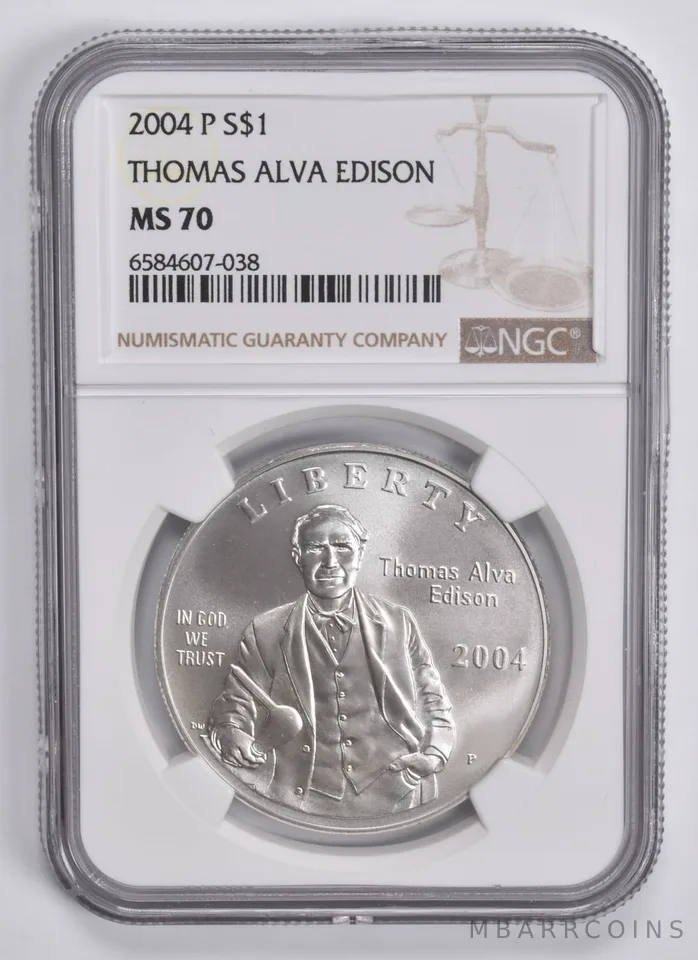 2004-P Thomas Edison Commemorative Dollar MS70 NGC Brown Label