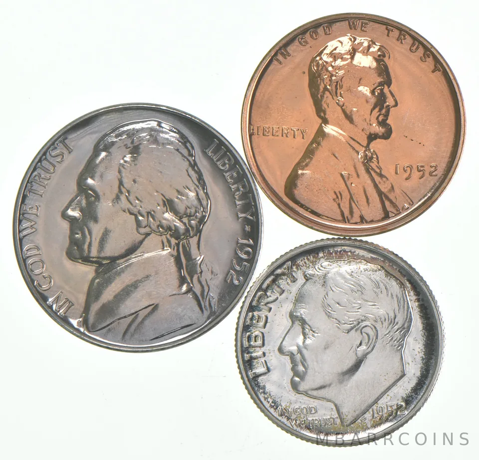 (3) 1952 Proof Coins Lincoln Wheat Cent, Jefferson Nickel, Roosevelt Dime a5996