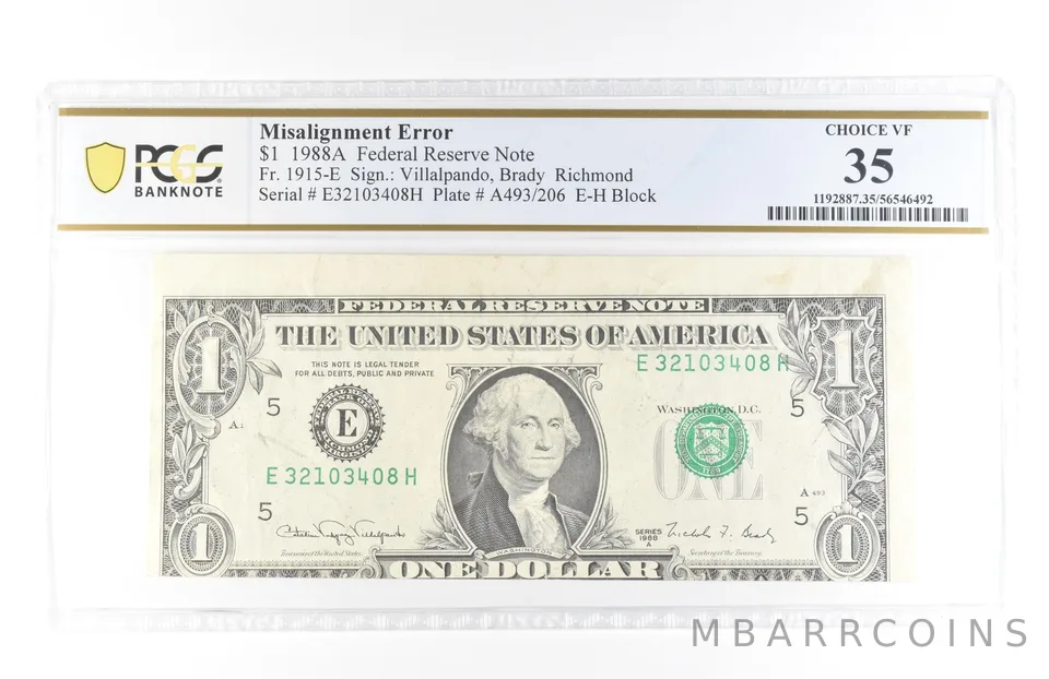 1988 A $1 Richmond VA FRN Misalignment Error Fr#1915-E Choice VF 35 PCGS *5805