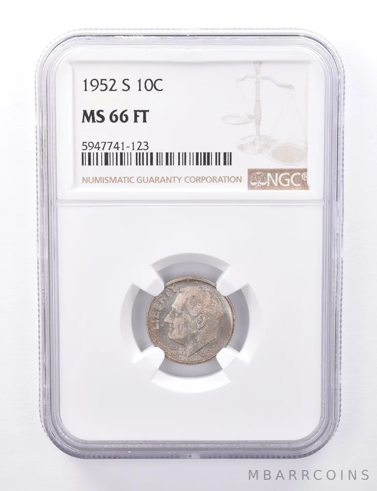 MS66 FT 1952-S Roosevelt Dime - Graded NGC Beautiful Tone a4442